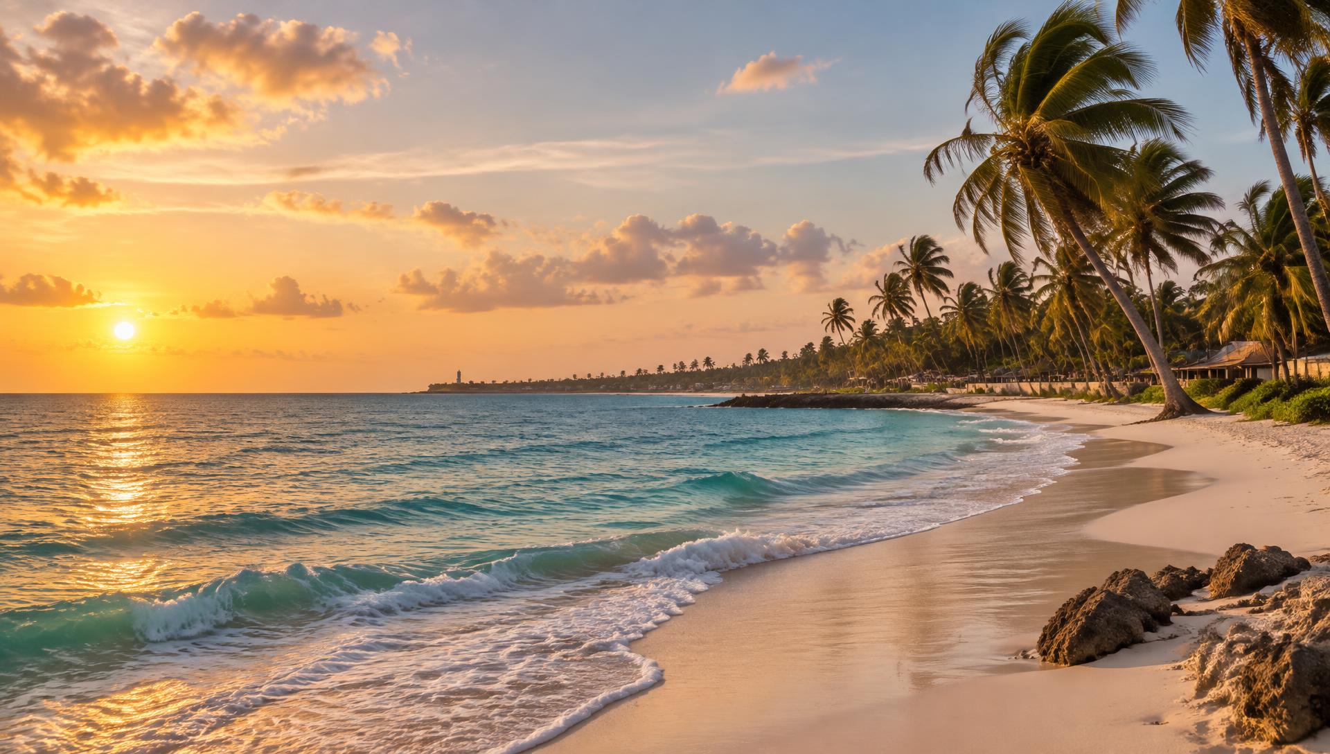 Palm-lined beach at sunset in Kankesanturai